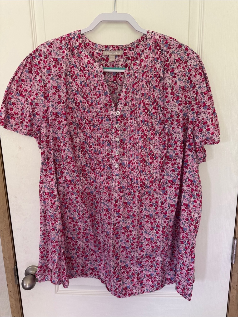 Woman Within Pink Floral Button-Front Short Sleeve Blouse
